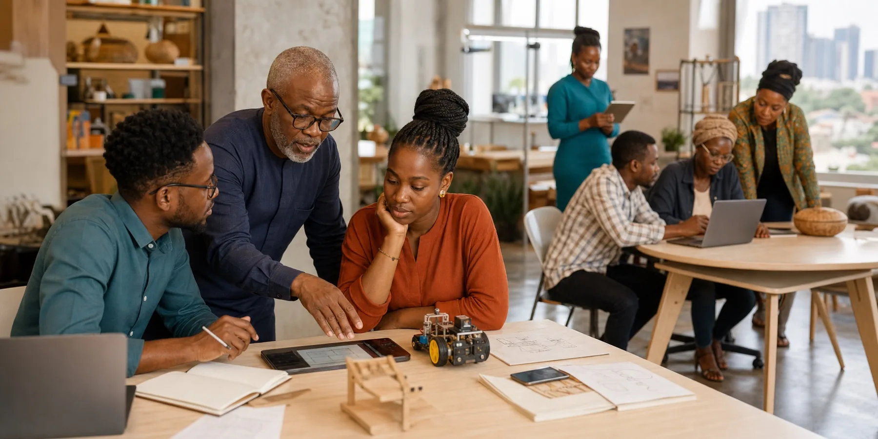 An African mentor supporting a learner through career and technology guidance.